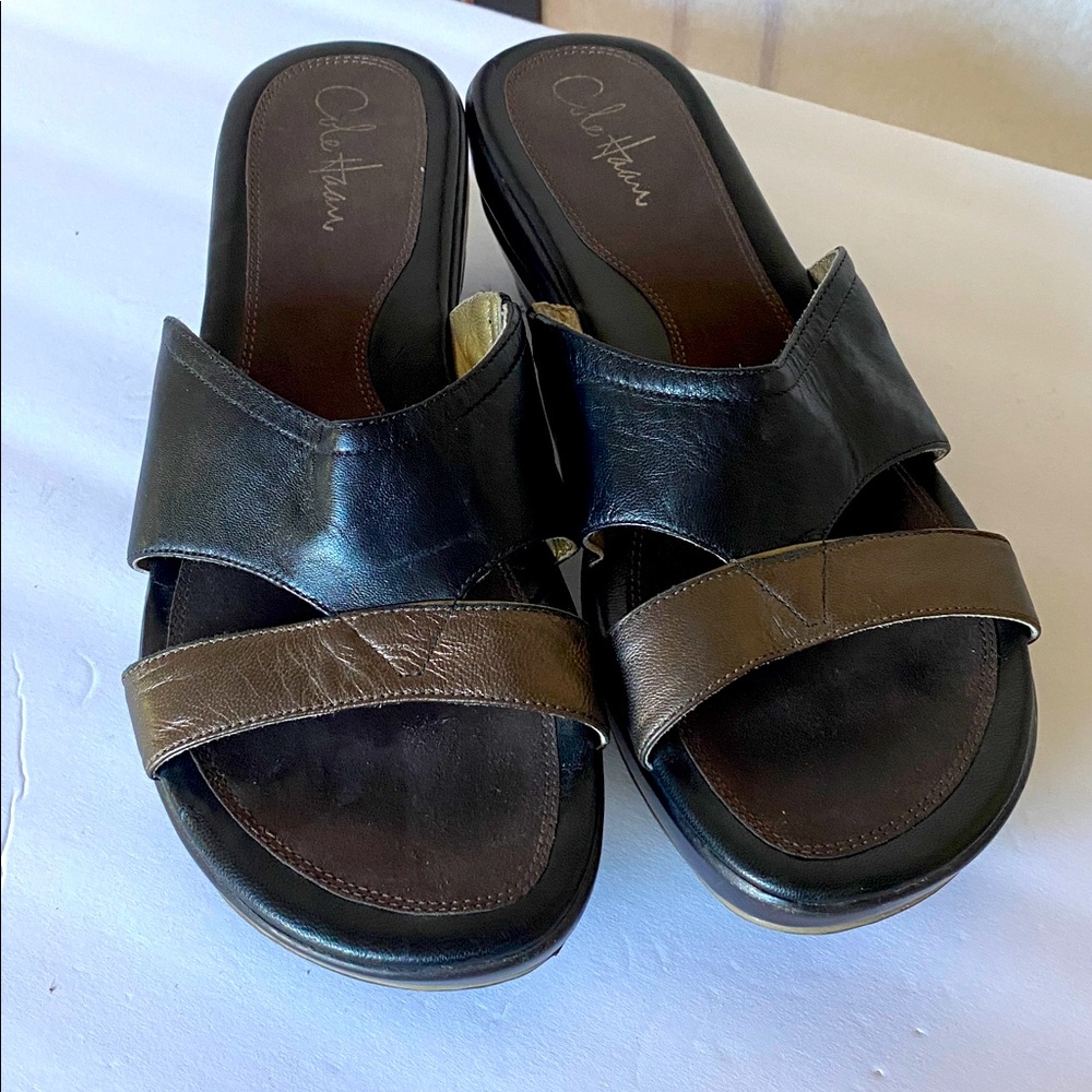 Cole Haan Black and Brown Leather Nike Air Slip On Heeled Sandals Size 11AA